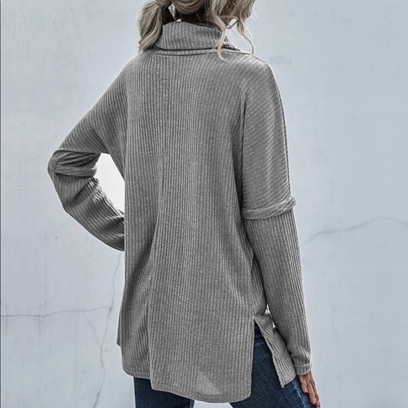 Waffle knit turtleneck sweater side split gray - Picture 2 of 6